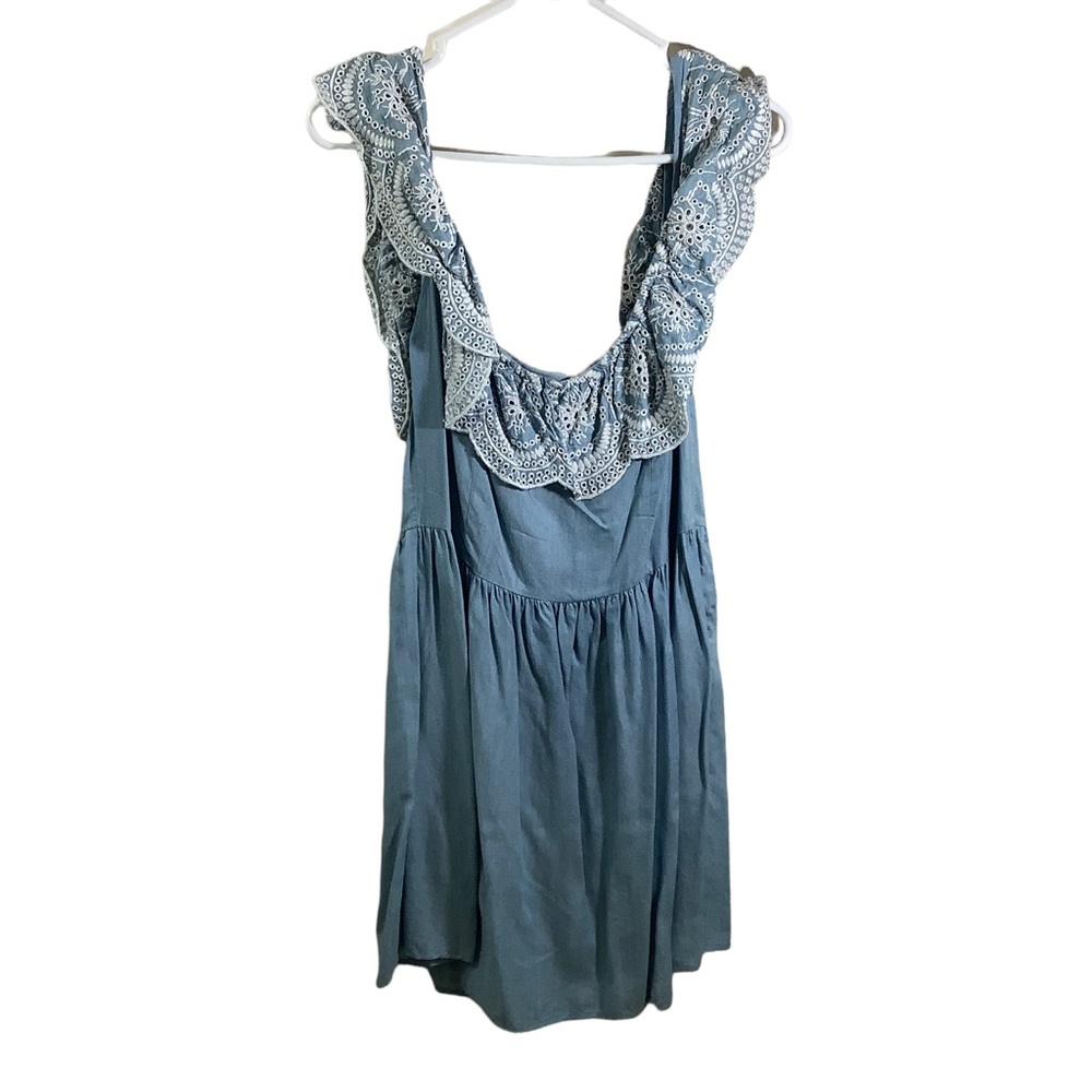 Lovers + Friends Dusty Blue Embroidered Ruffle Sundress